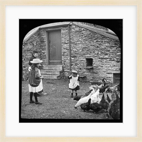 Victorian Children and Woman Feeding Hens on a Farm, Isle of Man by George Bellett Cowen